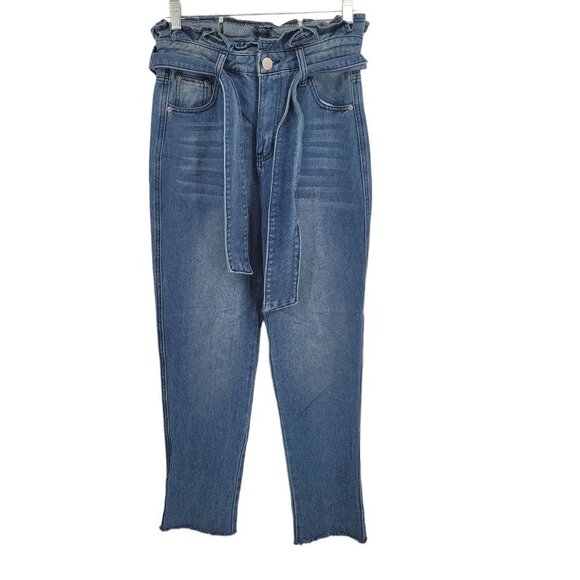 Pretty little thing womens UK 10 US 6 blue paper bag belted waist raw hem jeans - Picture 1 of 8